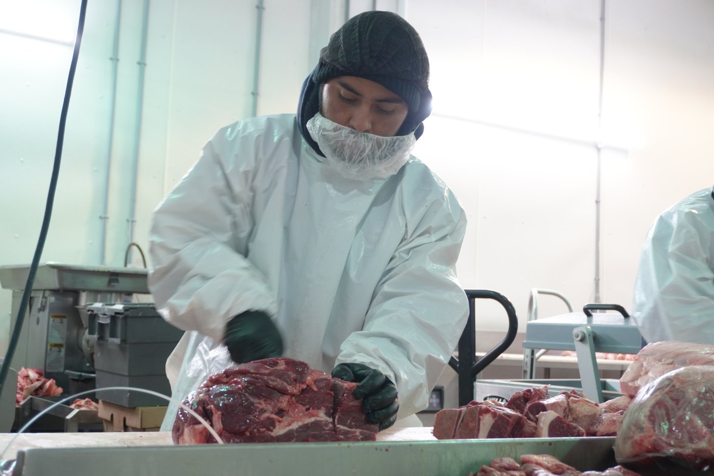 A Venerica butcher preparing a cut of meat by hand