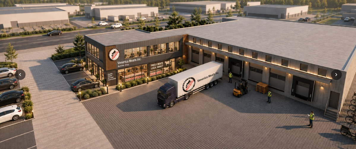 Concept rendering of the upcoming Venerica Meats facilities, showing a storefront, loading docks, and a branded truck
